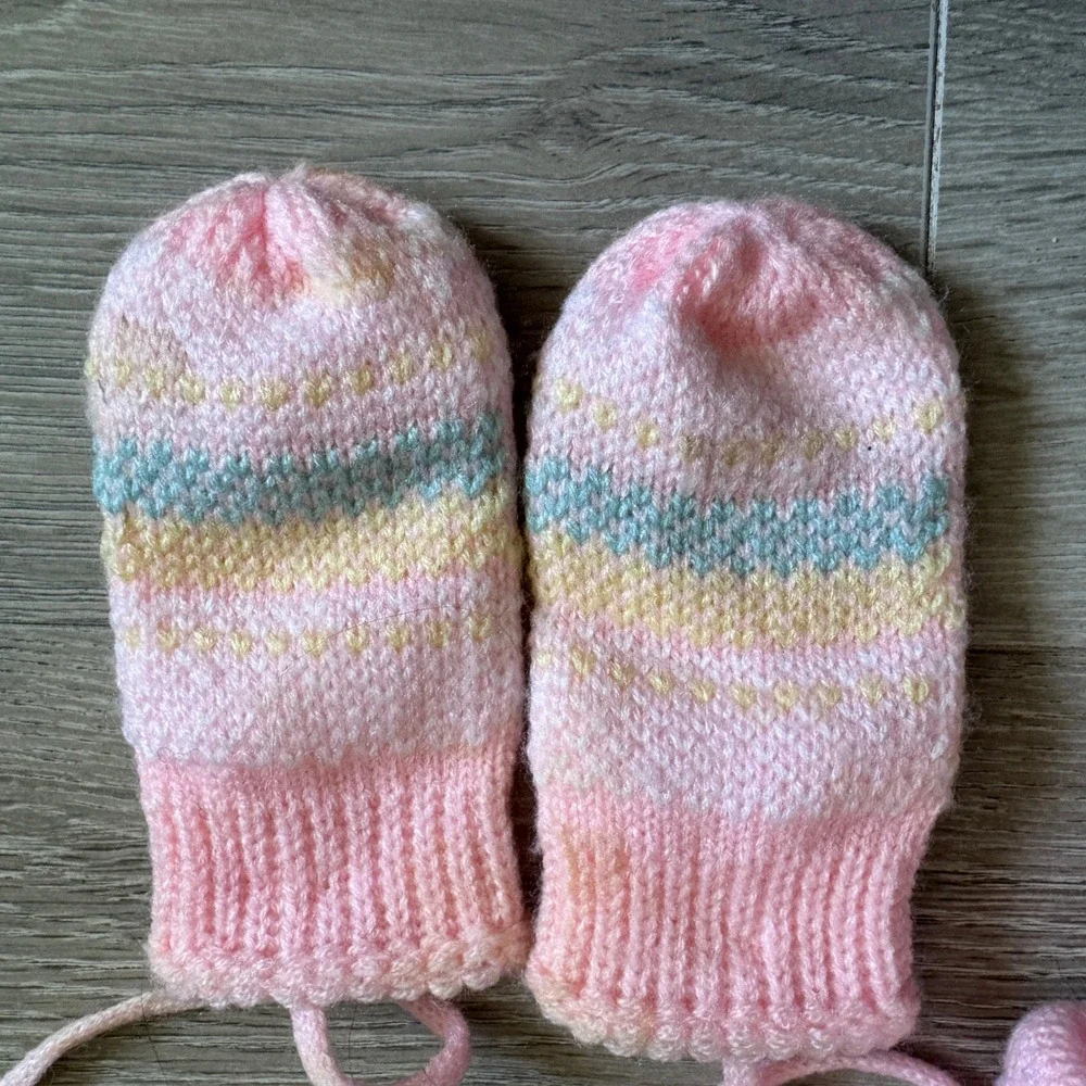 Vintage Pink Fair Isle Knit Baby Hat and String Mitten Set Pom Pom Ear Flaps